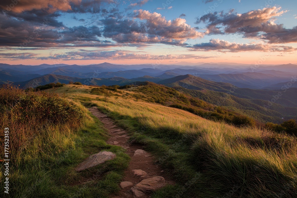Fototapeta premium Sunset Vista from Max Patch: Breathtaking Views Over Great Smoky Mountains in NC and TN