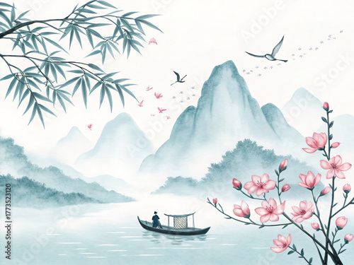 Chinese ink wash painting background with mountains, river, boat, and bamboo. This traditional vector landscape illustrates a tranquil, asian, and beautiful spring scene.