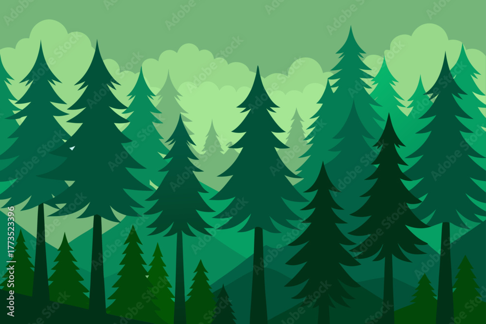 Obraz premium A layered illustration of a dense conifer forest in various shades of green creating a volumetric parallax effect with stylized pine trees and a backdrop of misty background clouds.