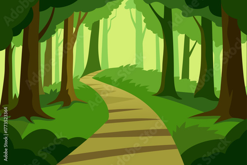 Winding pathway leading deep into a dense, magical forest grove illuminated by soft light filtering through the towering, vibrant green trees, vector illustration.
