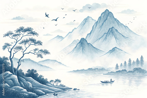 Chinese ink painting of a mountain landscape with a river and boat. This traditional blue vector illustration shows a tranquil, asian, and scenic nature view.