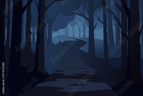 Mysterious dark forest path illustration at midnight with silhouettes of trees along a winding road leading into a deep blue, foggy landscape and ominous twilight atmosphere.