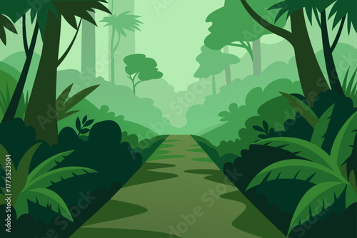Stylized vector illustration of a dense tropical jungle landscape path leading through lush green foliage, creating an atmospheric background design for nature themes.