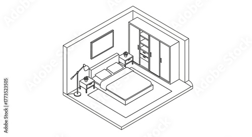 Modern Bedroom Illustration: An isometric perspective showcases a contemporary bedroom design, featuring minimalist furniture.