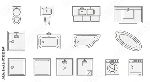 Bathroom Fixture Set: An array of bathroom fixtures, rendered in a modern, minimalistic style. A comprehensive set of essential components for bathroom design. 