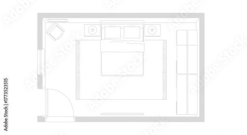 Bedroom layout Illustration: An overhead view showcases the refined blueprint of a bedroom, encompassing a bed, closet, and nightstands, presented with a minimalistic, design-oriented approach.