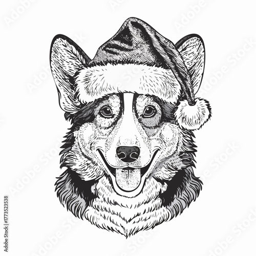 Christmas Corgi Portrait Dog in Santa Hat Vector Illustration