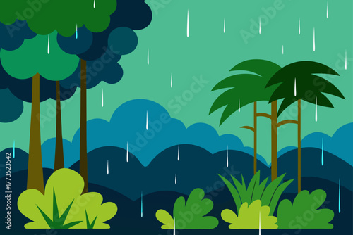 Illustrated tropical rainforest background scene during a heavy rainfall with stylized green trees, layered blue-green foliage, and numerous falling white raindrops across the wet jungle landscape