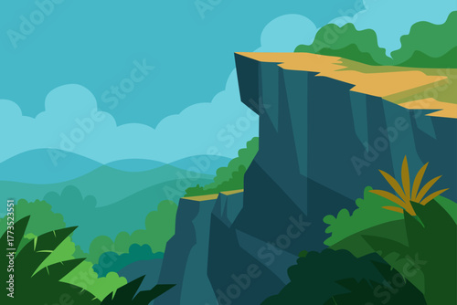 A dramatic flat design vector illustration of a steep rocky mountain cliff overlooking a vast tropical jungle landscape under a bright blue sky with stylized clouds