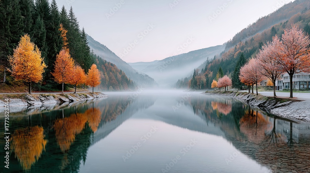 Fototapeta premium Serene Lake Reflecting Autumn Trees and Misty Mountains Under a Calm Sky in a Tranquil Landscape