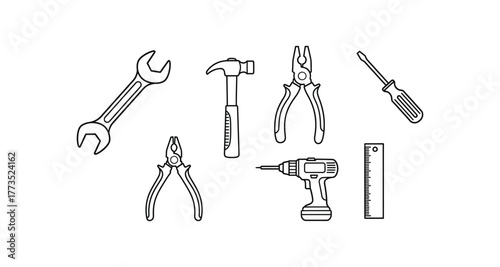 Hand Tools Outline Set wrench hammer pliers screwdriver drill ruler construction repair equipment hardware vector illustration drawing