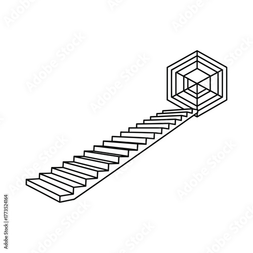 Isometric Stairs to Abstract Cube Outline line art black and white structure geometric illustration design architecture modern