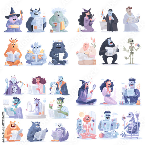 Funny cartoon monsters and fantasy creatures reading newspapers in various poses. Cute Halloween-style character design with colorful and humorous expressions.