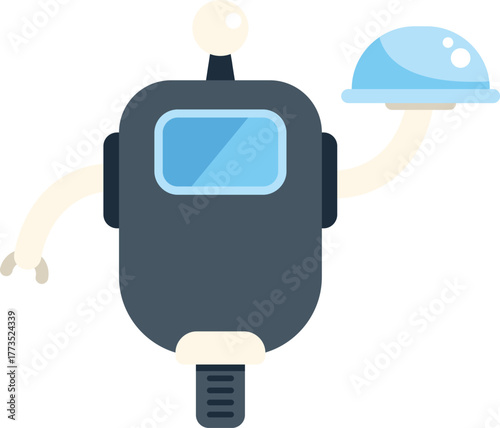 Robot waiter holding a cloche or platter serving food in a restaurant, hotel, or other food service setting