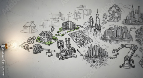 Fototapeta Naklejka Na Ścianę i Meble -  The Journey of Ideas from a Small Light Bulb