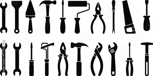 Hand tools silhouette collection, wrench, hammer, screwdriver, pliers, saw, paint roller, construction tools, black icons, repair, maintenance, DIY, industrial, hardware, vector illustration,