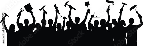 Silhouette of workers holding tools, teamwork concept, construction labor unity, skilled trades, manual work, industrial effort, black background, protest style