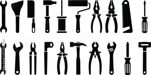 Silhouettes of hand tools, wrench, hammer, screwdriver, pliers, saw, construction equipment, black icons, repair tools, DIY, maintenance, hardware