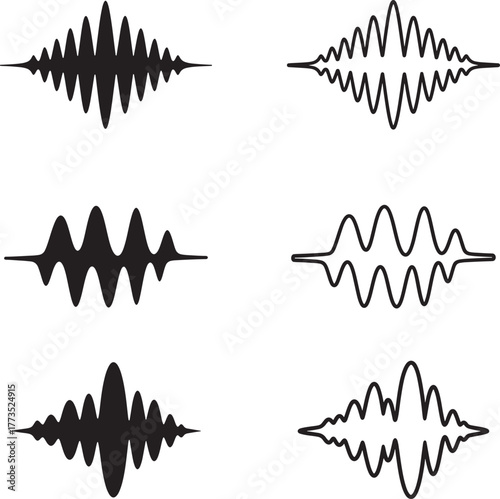 Collection of distinct sound waveform illustrations in line art and silhouette style