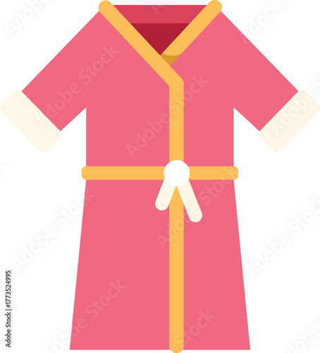 Pink bathrobe with yellow belt and white trim, a flat icon design of a garment commonly worn after bathing