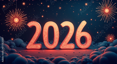 Modern Happy New Year 2026 template with bright lights and festive elements
