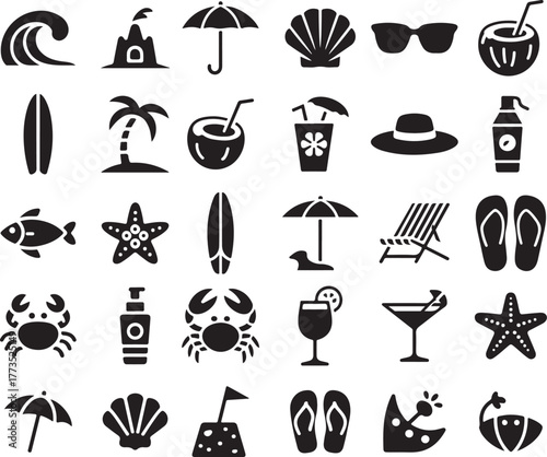 Beach vacation icons wave surfboard crab starfish umbrella