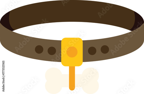 Brown leather dog collar with golden buckle and bone pendant hanging down