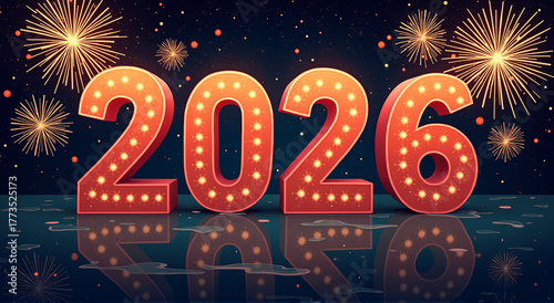 Happy New Year 2026 celebration background with festive lights and glowing typography
