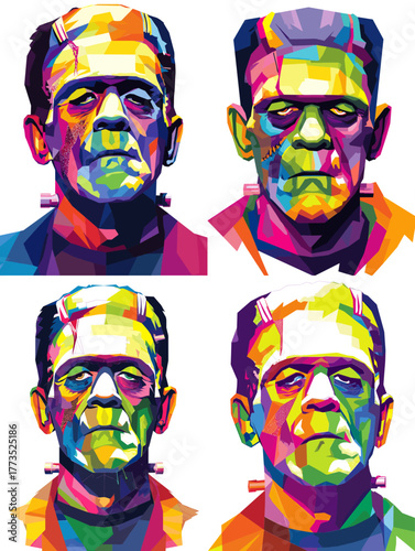 Vibrant WPAP pop art portraits of Frankenstein in colorful geometric style. Modern vector artwork blending horror theme with bold artistic design and bright palette.