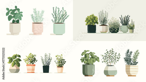 Minimalist illustration of potted green plants and herbs in modern pots. Fresh botanical home decor collection symbolizing growth, freshness, and natural lifestyle design.