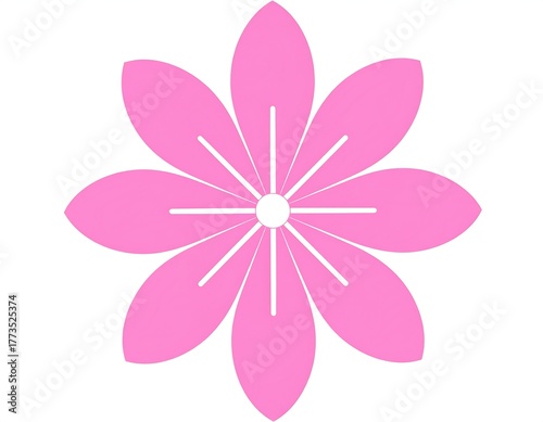Simple pink flower design, eight petals, white details, isolated