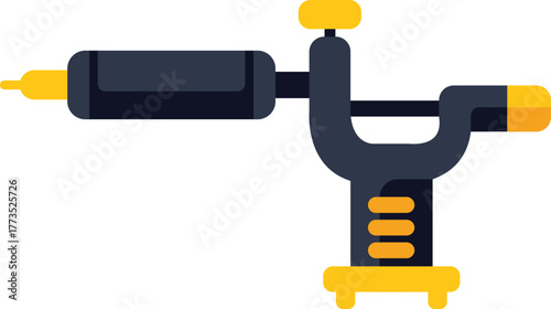 Tattoo machine standing upright with a needle tube, grip and other parts for professional tattooing