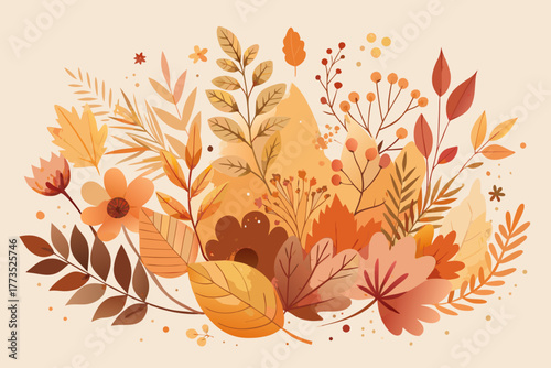 Autumnal botanical illustration with warm earthy tones Keywords: autumn, fall, leaves, floral, arrangement, bouquet, nature, season, foliage