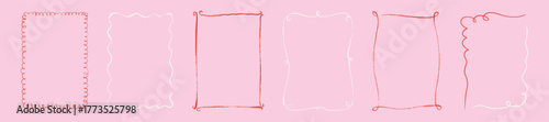 Set of hand drawn doodle romantic pink whimsical frames. Chalk, crayon, pastel, charcoal, pencil coquette drawing. Vintage boarder for wedding, valentines day, Christmas, bachelorette background