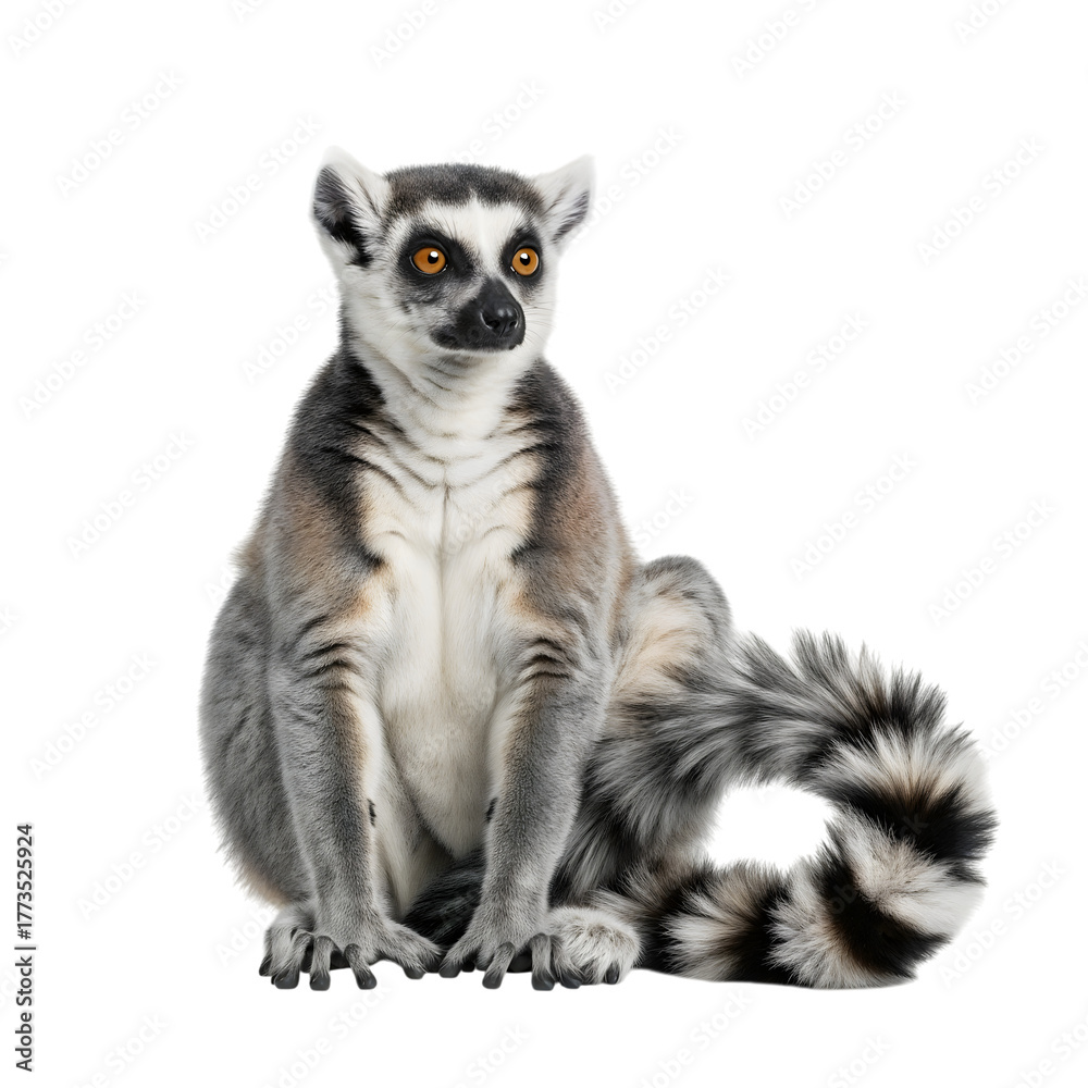 Obraz premium Ring tailed lemur sitting and looking forward isolated on transparent background