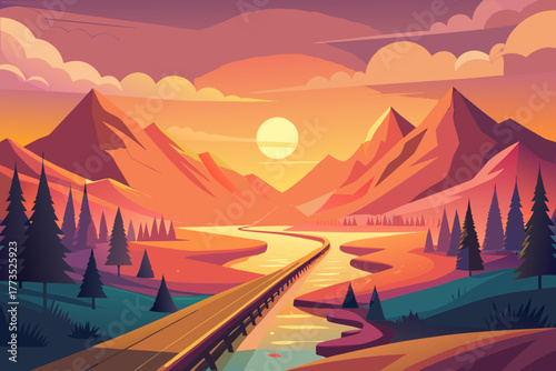 Bridge Over River in Mountain Valley During Sunset