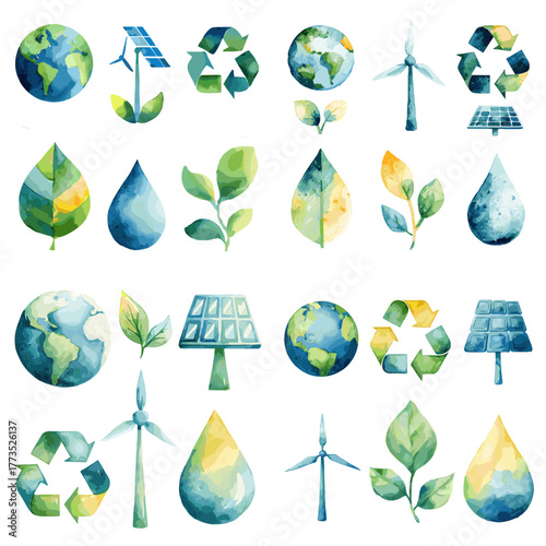 Watercolor icons of earth, leaves, solar panels, and wind turbines representing renewable energy, sustainability, and environmental conservation in eco-friendly design.