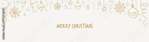 Hand drawn doodle Merry Christmas and Happy New Year party celebration line gold and silver background with Christmas tree bauble, ball, snowflake, tinsel, streamer, star decoration. Crayon scribble