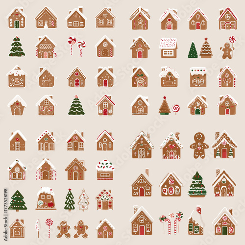 Cute gingerbread houses, cookies, and Christmas trees in festive design. Sweet holiday collection perfect for winter celebration, decoration, and seasonal patterns.