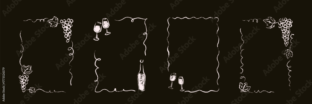 Naklejka premium Set of wine, grape, vine whimsical hand drawn sketch frames chalk drawing on the blackboard. Wineglass, bottle crayon, charcoal, paint brush, pastel illustration. Vintage border on the chalkboard