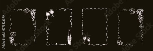 Set of wine, grape, vine whimsical hand drawn sketch frames chalk drawing on the blackboard. Wineglass, bottle crayon, charcoal, paint brush, pastel illustration. Vintage border on the chalkboard