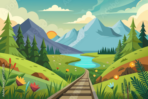 Mountain landscape with a winding railway track and a setting sun