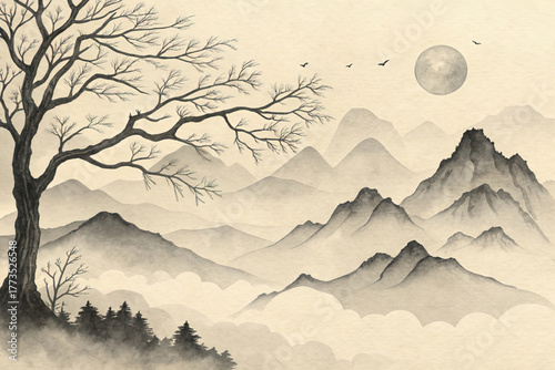 A traditional Chinese ink painting of a mountain landscape with a bare tree and moon. This asian vector art illustrates a tranquil, zen, and monochrome scene.