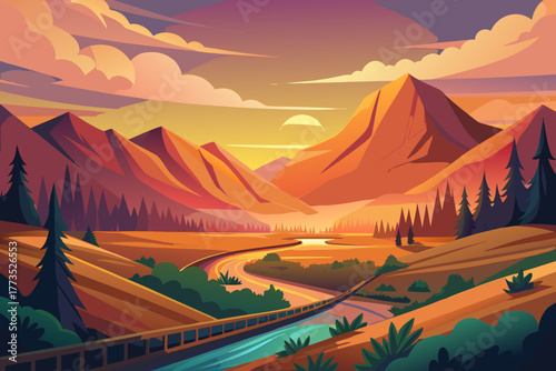 Mountain pass with railway and sunset light mountains