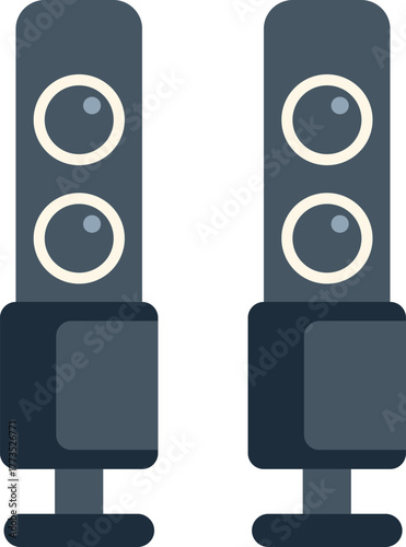 Pair of audio speakers standing on the floor is playing music at home or in a studio