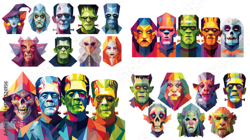Colorful WPAP geometric portraits of classic monsters such as Frankenstein, Dracula, and skulls. Modern pop art style for Halloween and creative illustration design.