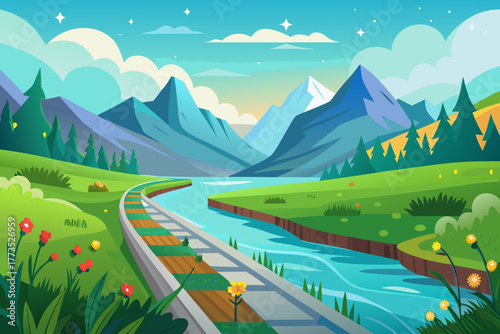 Mountain vista with a river and a railway track at sunset