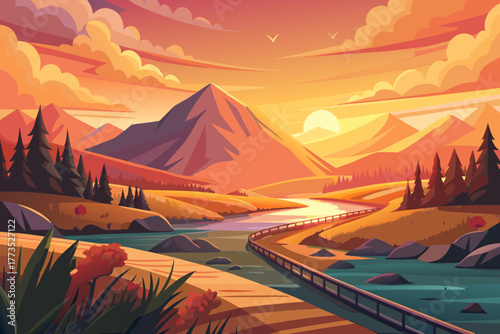 River and railway through mountains at sunset with birds