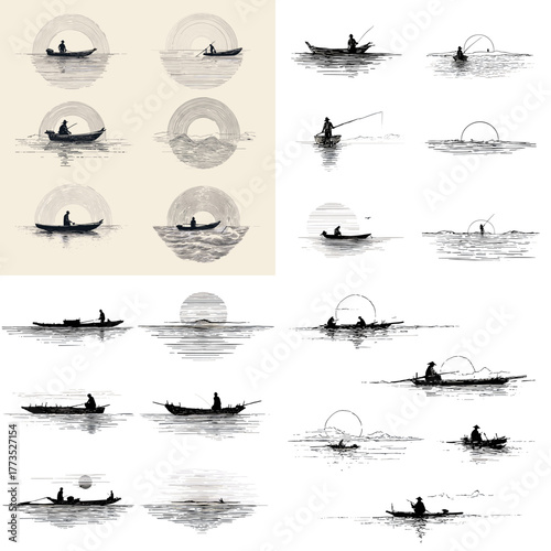Ink sketch set of fishermen in boats at sea with waves and sun reflections. Hand-drawn minimalist marine illustration symbolizing peace, solitude, and nature.