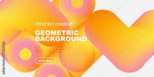Vibrant abstract shapes dominate dark background. Orange, yellow, pink hues blend. Text promotes geometric design concept.